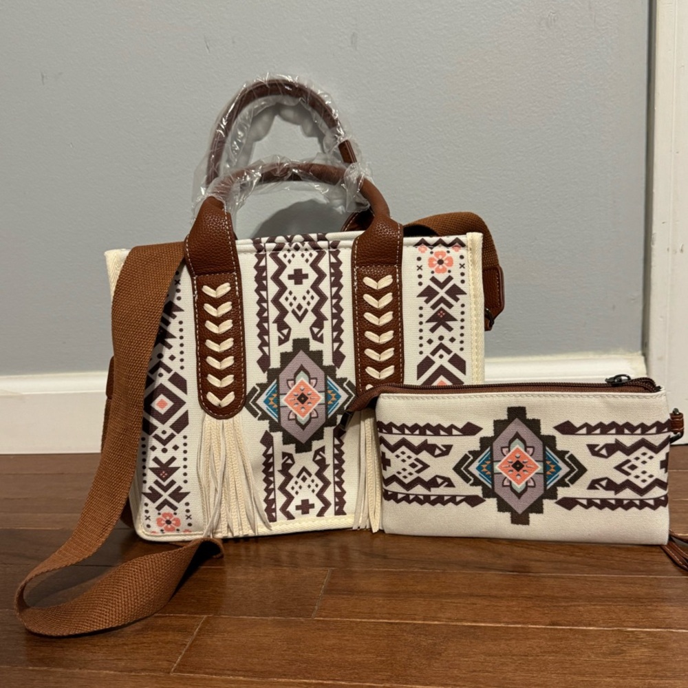 Aztec Patterned Purse and Pouch Set - Brown and Cream